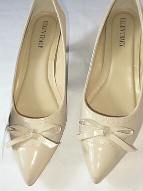 Ellen Tracy Patent Pointed-Toe Flats in Beige with Bow